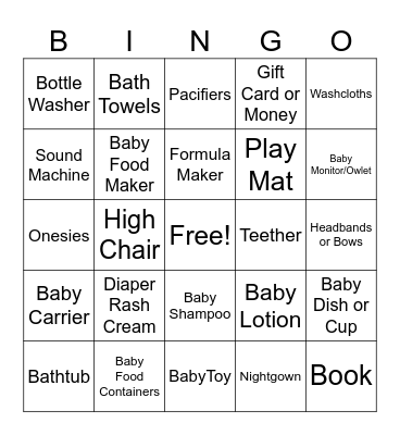 Melissa's Baby Shower Bingo Card