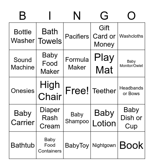 Melissa's Baby Shower Bingo Card