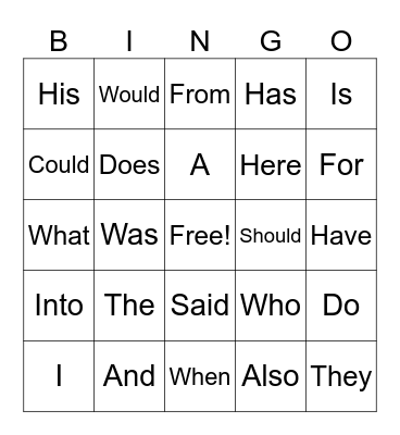 Heart Word Bingo Card