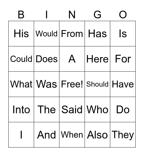 Heart Word Bingo Card