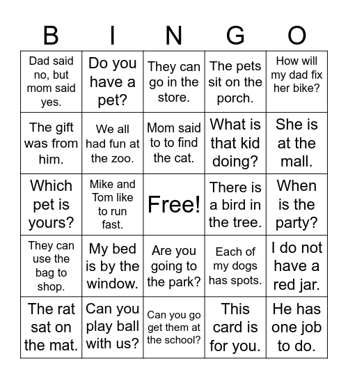 Sight Word Sentences Bingo Card