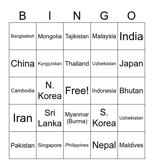 Asia Bingo Card