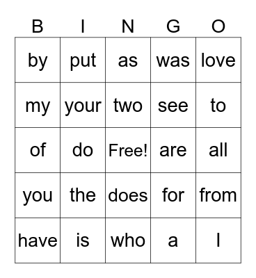 Heart Word Bingo Card