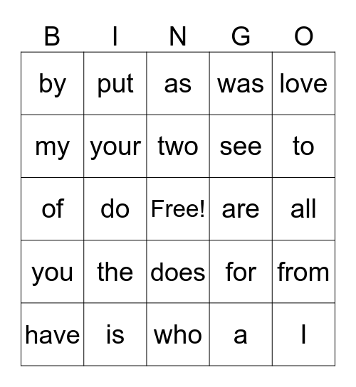Heart Word Bingo Card