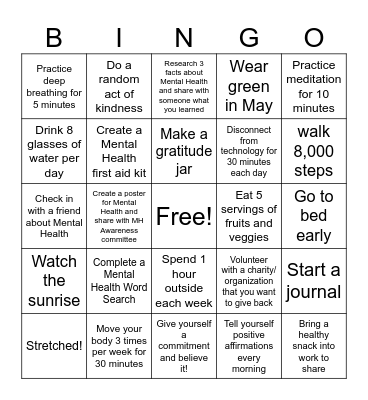 Mental Health Awareness BINGO Card
