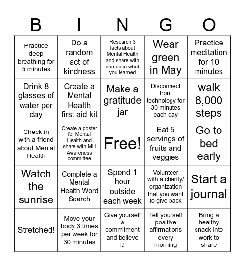Mental Health Awareness BINGO Card