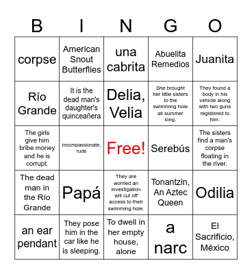 Summer of the Mariposas: Chapters 1-12 Bingo Card
