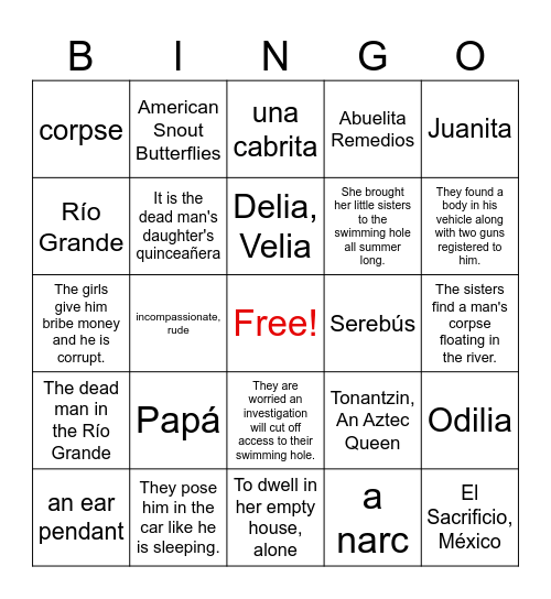 Summer of the Mariposas: Chapters 1-12 Bingo Card