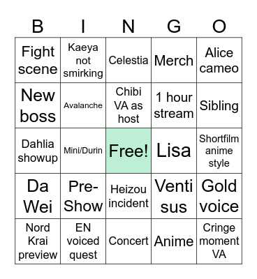 Genshin 5.6 Livestream BINGO Card