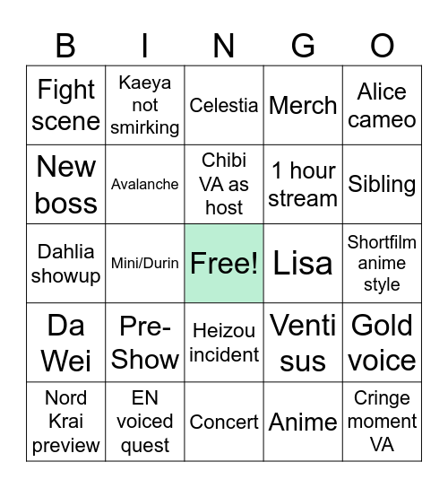 Genshin 5.6 Livestream BINGO Card