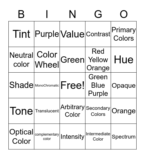 Color Theory Bingo Card