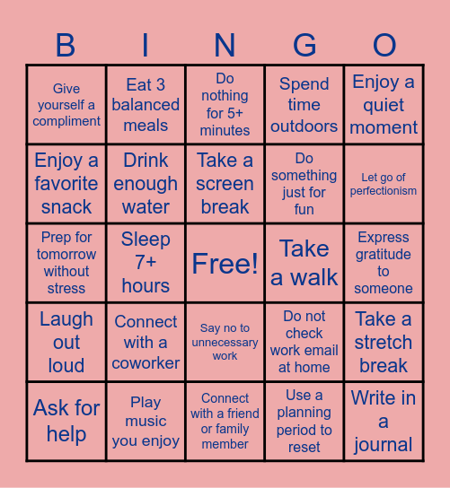 Self Care for Teachers Bingo Card