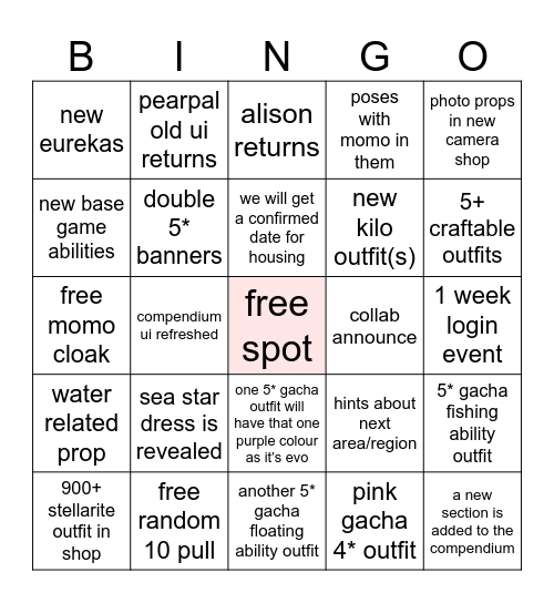 Infinity Nikki 1.5 Livestream Bingo Card