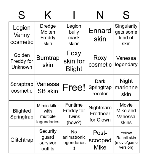 FNAF X DBD COSMETICS Bingo Card