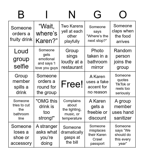 Karen Crawl 2025 Bingo Card