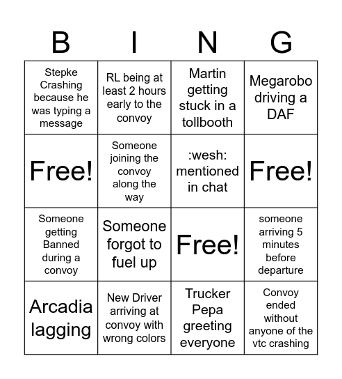 PRVTC CONVOY BINGO Card