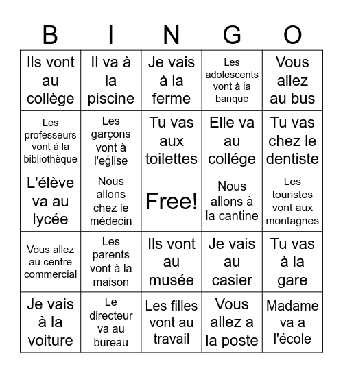 Les formes d'ALLER avec les endroits de l'école Bingo Card