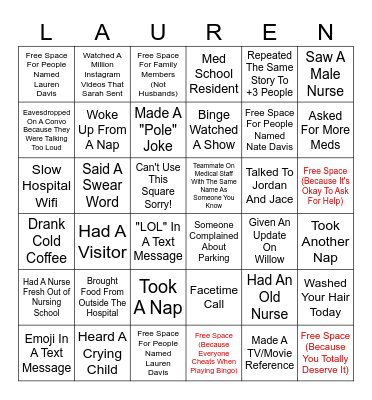 I'm Bored In The Hospital Bingo Card