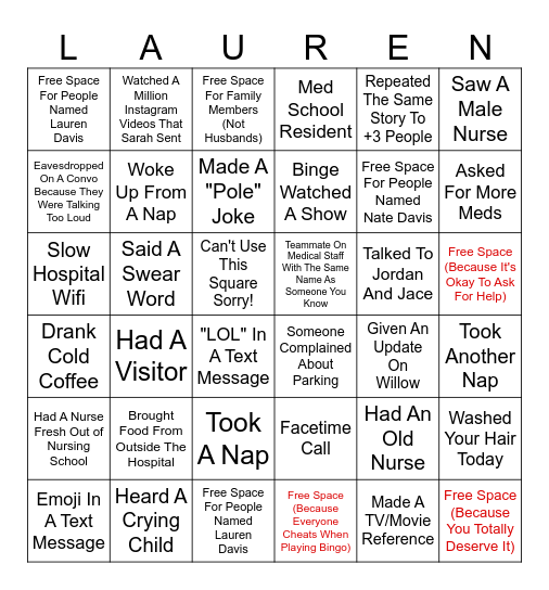 I'm Bored In The Hospital Bingo Card