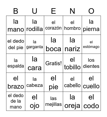 Las partes del cuerpo Bingo Card