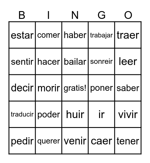 Verbos irregulares en español Bingo Card