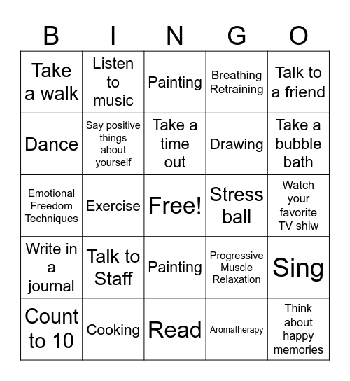 Coping Skills Bingo Card