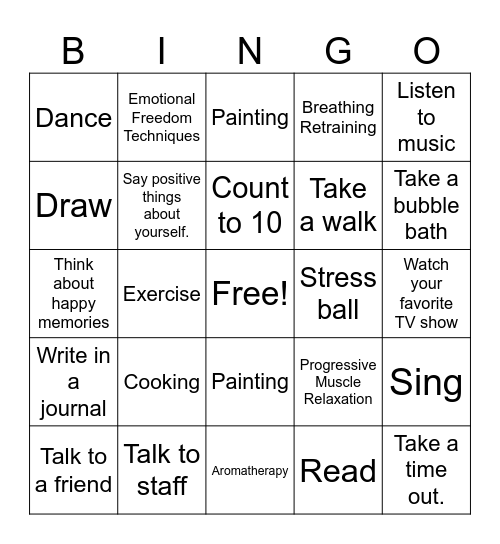 Coping Skills Bingo Card