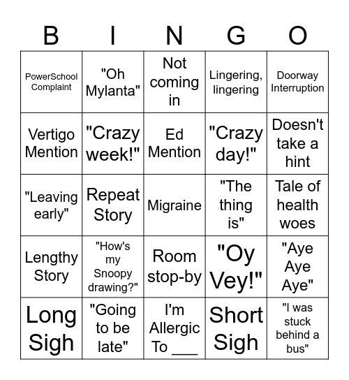 Secretary Bingo Card