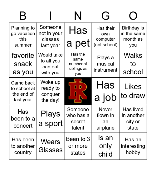 Get To know your Classmate Bingo Card