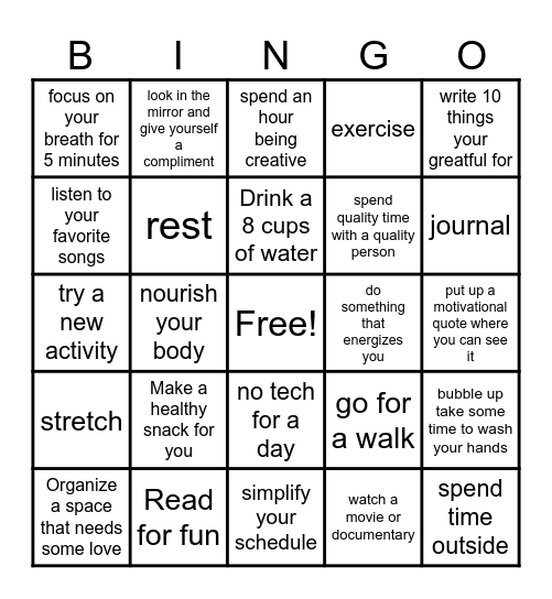Self Care Bingo Card