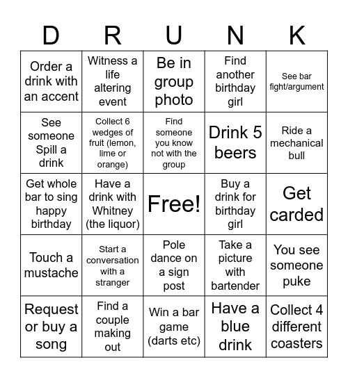 Whitney’s Birthday Bingo Card