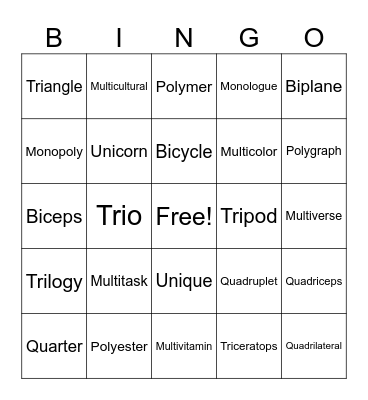 Prefix Words Bingo Card