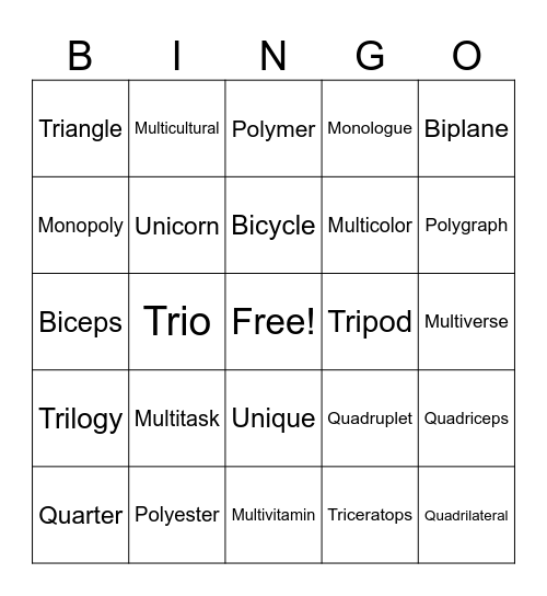 Prefix Words Bingo Card