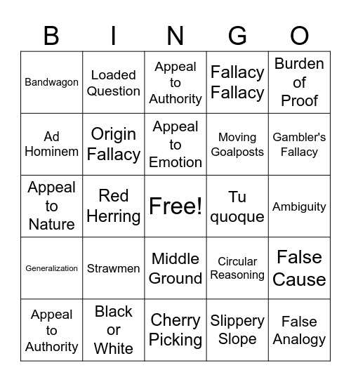 Logical Fallacies Bingo Card