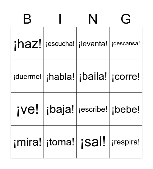 Imperativo Bingo Card