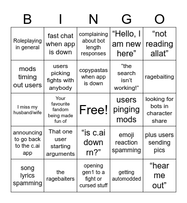 C.ai Server Gen1 Bingo Card
