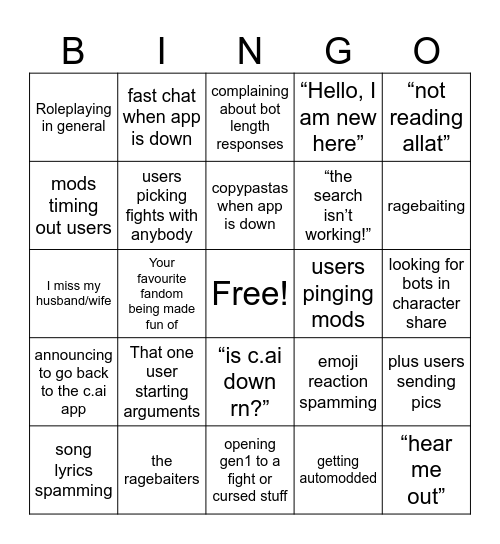 C.ai Server Gen1 Bingo Card