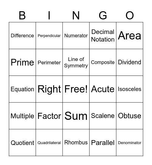 Math Vocabulary Review Bingo Card
