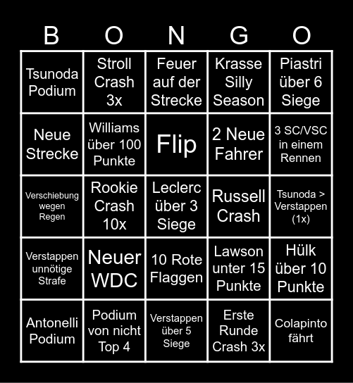 F1 Bongo Bingo Card