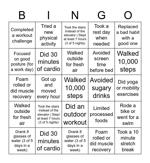 Physical Wellness Bingo Card