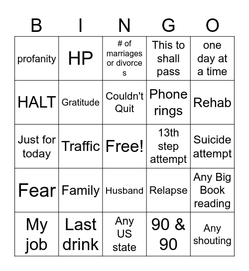 A.A. Meeting Bingo Card