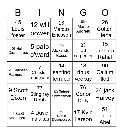 Indy Car line up 2025 Bingo Card