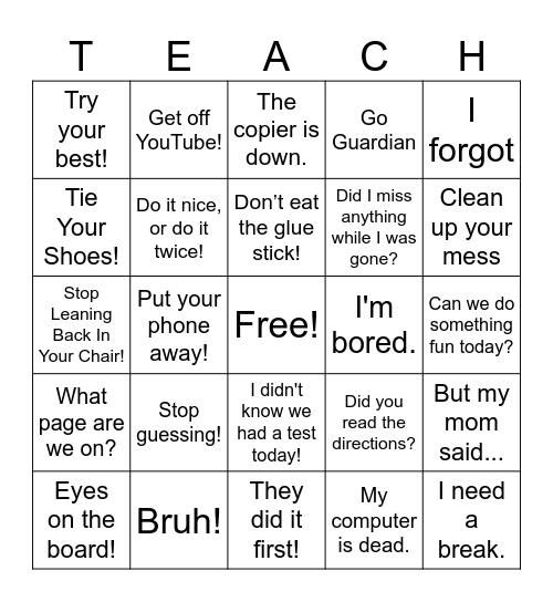 Teacher Appreciation Bingo Card