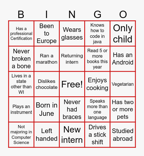 Intern Networking Bingo Card