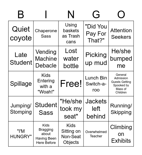 Bad Field Trip Bingo Card