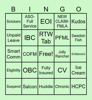 STD, FMLA, and Candy Bingo Card