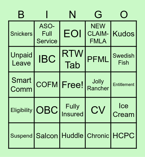 STD, FMLA, and Candy Bingo Card