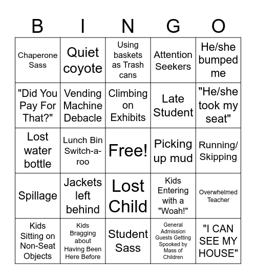 Bad Field Trip Bingo Card