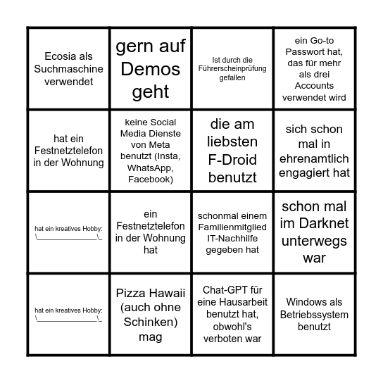 Finde eine Person, die Bingo Card