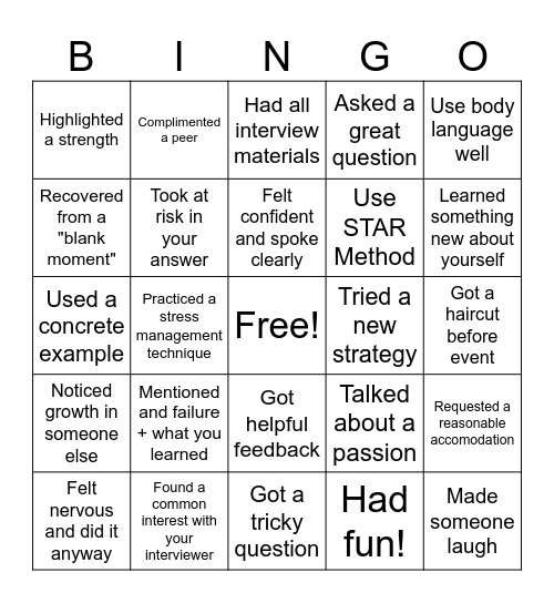 Mock Interview Debrief Bingo Card